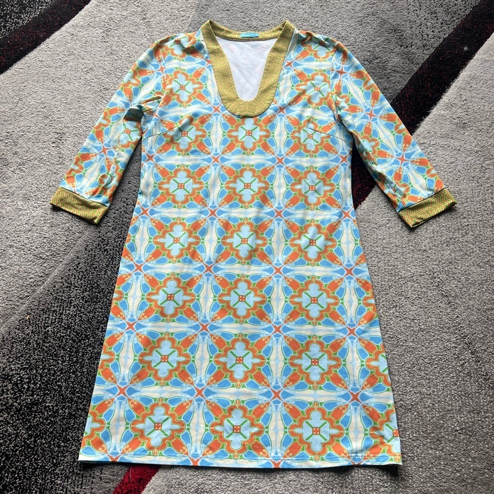 J. McLaughlin Catalina Cloth 3/4 Sleeve V Neck Geometric Print Shift Dress
